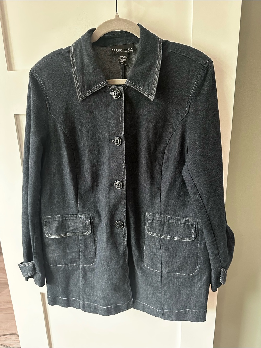 Robert Louis Lightweight Denim Jacket Blazer Size XL Vintage Shoulder Pads